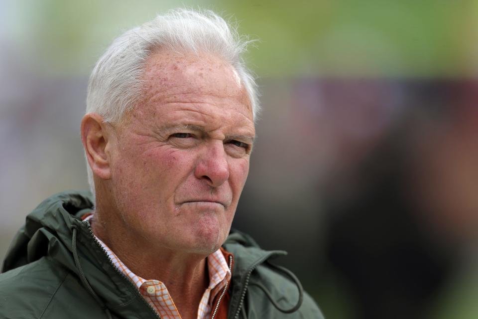 Browns owner Jimmy Haslam watches the team warm up before a game against the Tampa Bay Buccaneers, Sunday, Nov. 27, 2022, in Cleveland.