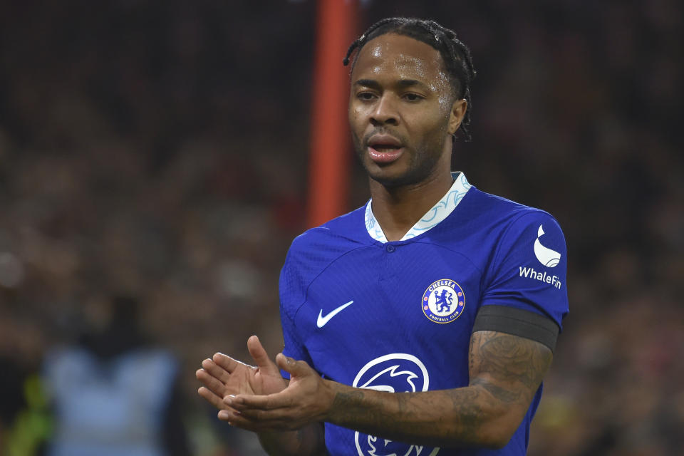 Chelsea's Raheem Sterling reacts during the English Premier League soccer match between Nottingham Forest and Chelsea at City ground in Nottingham, England, Sunday, Jan. 1, 2023. (AP Photo/Rui Vieira)