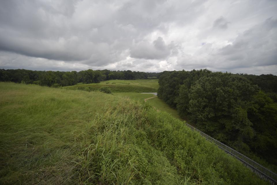 The landscape is seen from the top of the Great Temple Mound, a nine-story-tall earthen structure that gave Native Americans a 360-degree view of their territory before they were forcibly removed in the 1820s, in Macon, Ga., on Aug. 22, 2022. (AP Photo/Sharon Johnson),