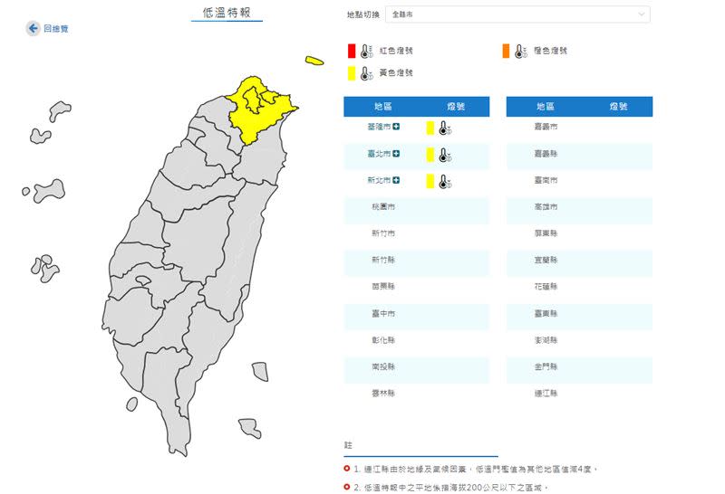 中央氣象局今晨發布低溫特報。（圖／氣象局）