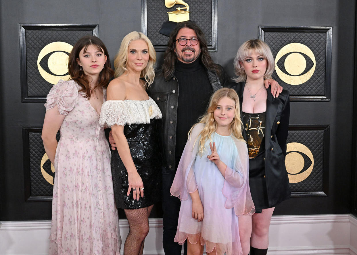 Harper Grohl, Jordyn Blum, Dave Grohl, Ophelia Grohl, and Violet Grohl attend the 65th GRAMMY Awards at Crypto.com Arena on February 05, 2023 in Los Angeles, California.  (Axelle / Bauer-Griffin / FilmMagic)