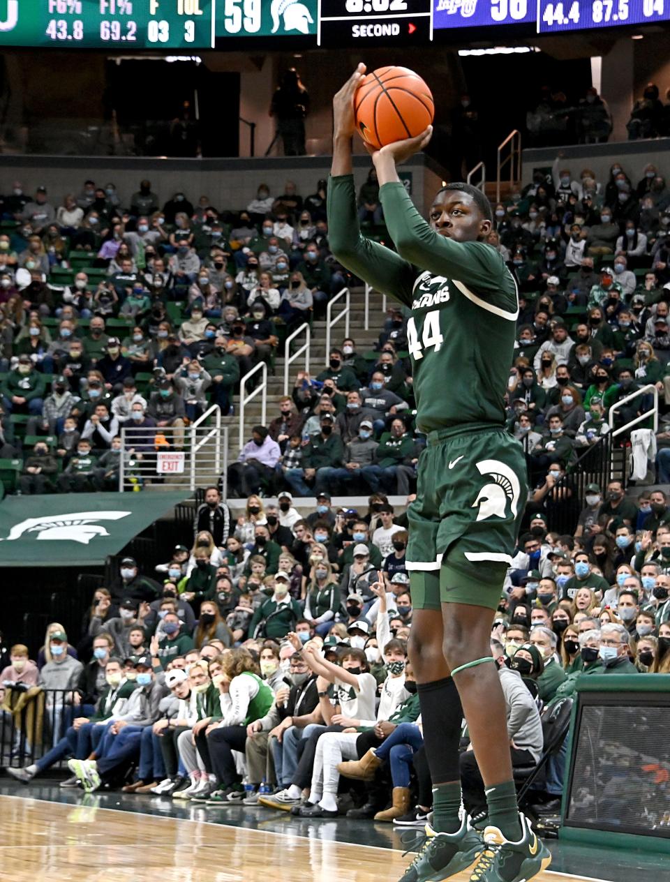 Michigan State forward Gabe Brown shoots a 3-pointer in the second half against High Point at Breslin Center, Dec. 29, 2021.