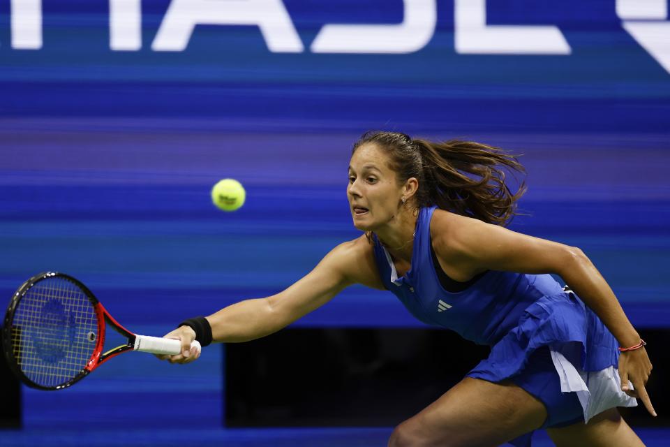 Daria Kasatkina, of Russia, returns a shot to Aryna Sabalenka, of Belarus, during the fourth round of the U.S. Open tennis championships, Monday, Sept. 4, 2023, in New York. (AP Photo/Adam Hunger)