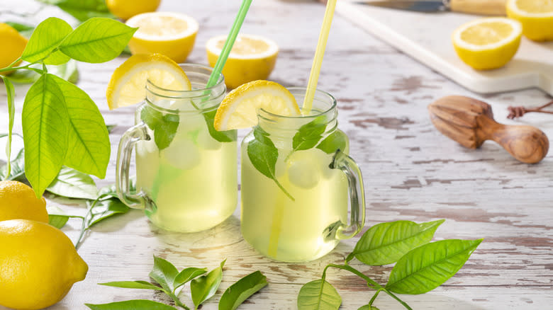 Homemade soda in mason jars with lemons