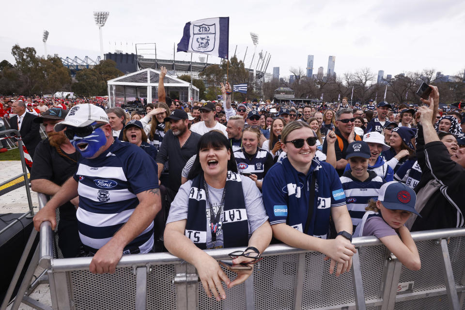 Cats fans are seen during the 2022 AFL Grand Final Parade on September 23, 2022 in Melbourne, Australia.