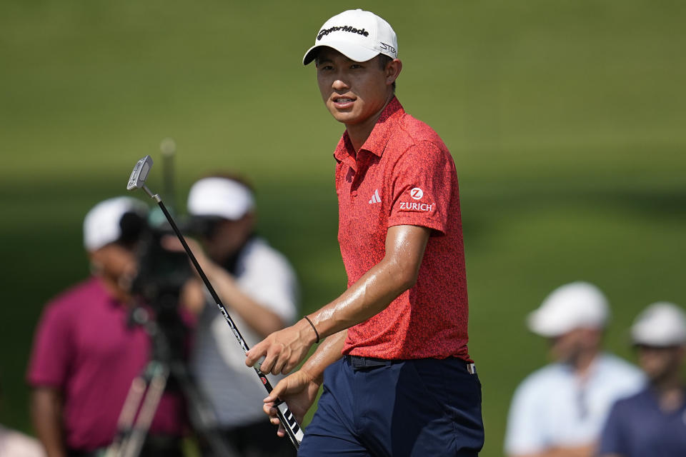 Collin Morikawa walks off the fifth green during the third round of the Tour Championship golf tournament, Saturday, Aug. 26, 2023, in Atlanta. (AP Photo/Mike Stewart)