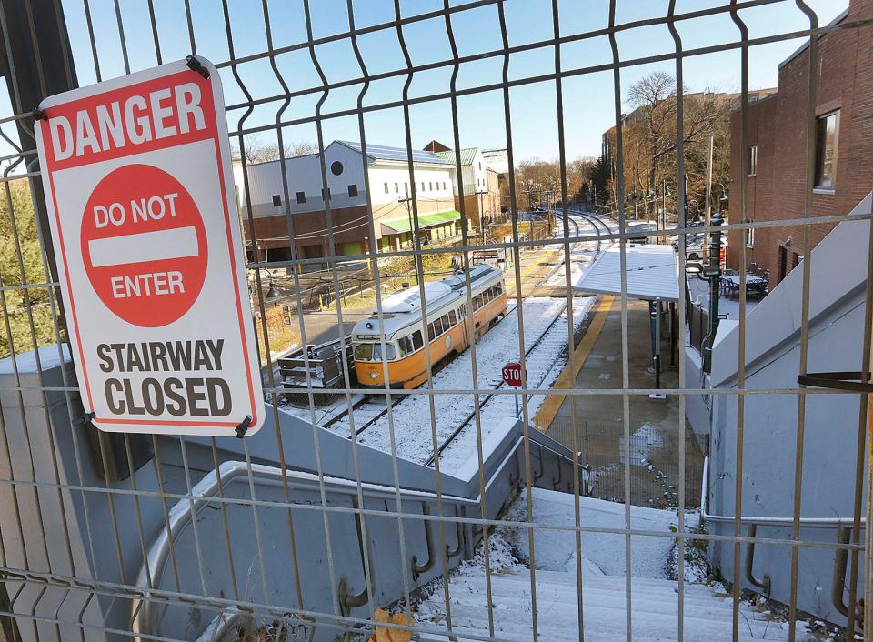 The stairs to the MBTA trolley in Milton at Adams Street on Thursday, Dec. 9, 2021.