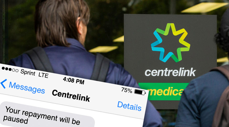 Centrelink sign with a text saying repayments will be paused.