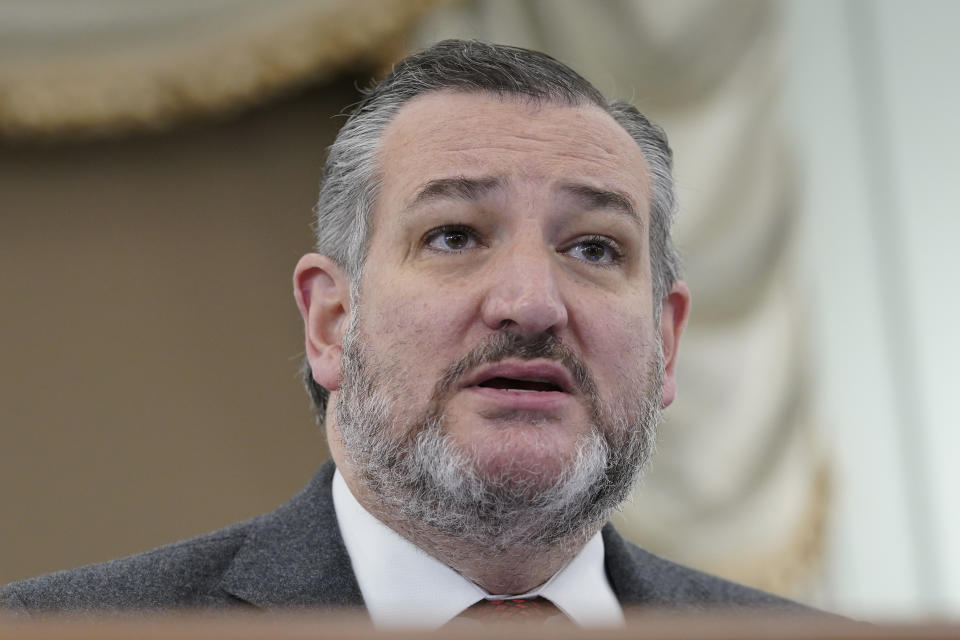 Sen. Ted Cruz, R-Texas, ask a question during a Senate Commerce Committee hearing, Thursday, Feb. 9, 2023, on Capitol Hill in Washington, about the December meltdown at Southwest Airlines that led to nearly 17,000 canceled flights over the holidays. (AP Photo/Mariam Zuhaib)