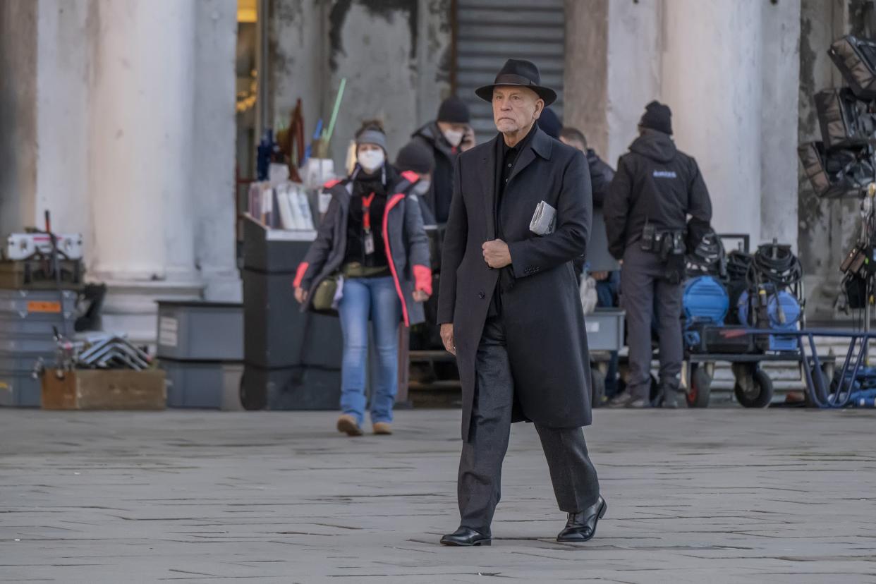 The American actor John Malkovich is seen during the shooting of the TV series "Ripley" in St. Mark's Square in Venice on January 11, 2022 in Venice, Italy. Ripley is a film adaptation of Patricia Highsmith's novel "The Talented Mr. Ripley."