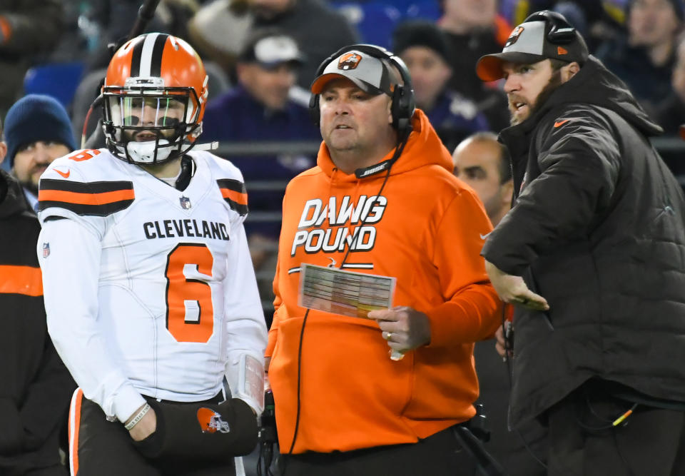 Baker Mayfield and Freddie Kitchens developed a solid enough rapport over 8 games for the Browns to give Kitchens the head coaching job. (Getty Images)