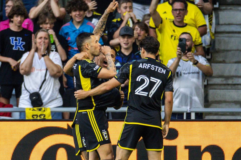 June 3, 2023;  Columbus, Ohio, USA; Columbus Crew forward Christian Ramirez (17) celebrates his goal with teammates in the first half against the Charlotte FC at Lower.com Field.  Mandatory Credit: Trevor Ruszkowski-USA TODAY Sports