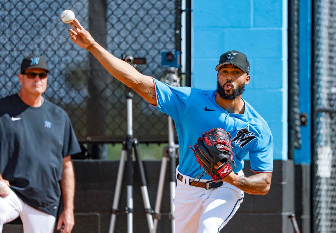 Miami Marlins pitcher Sandy Alcantara pitches during a bullpen session at Roger Dean Chevrolet Stadium in Jupiter, Florida on Thursday, February 16, 2023.