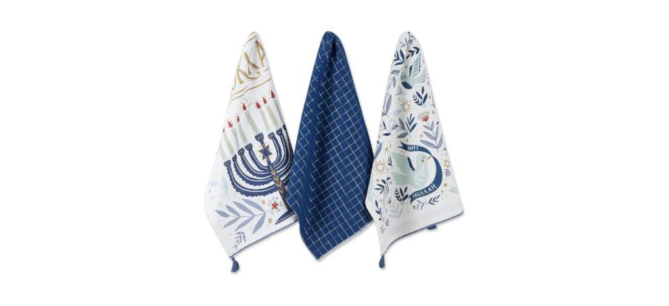 3 dish towels, blue and white, with Hanukkah designs