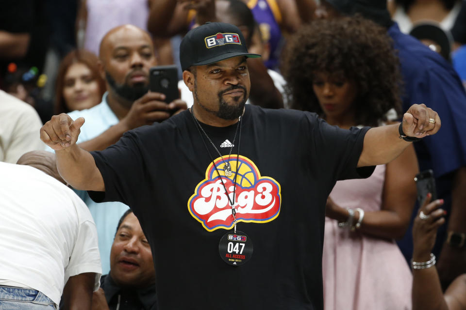 DALLAS, TEXAS - AUGUST 17: BIG3 founder Ice Cube reacts during week nine of the BIG3 three on three basketball league at American Airlines Center on August 17, 2019 in Dallas, Texas. (Photo by Ron Jenkins/BIG3 via Getty Images)