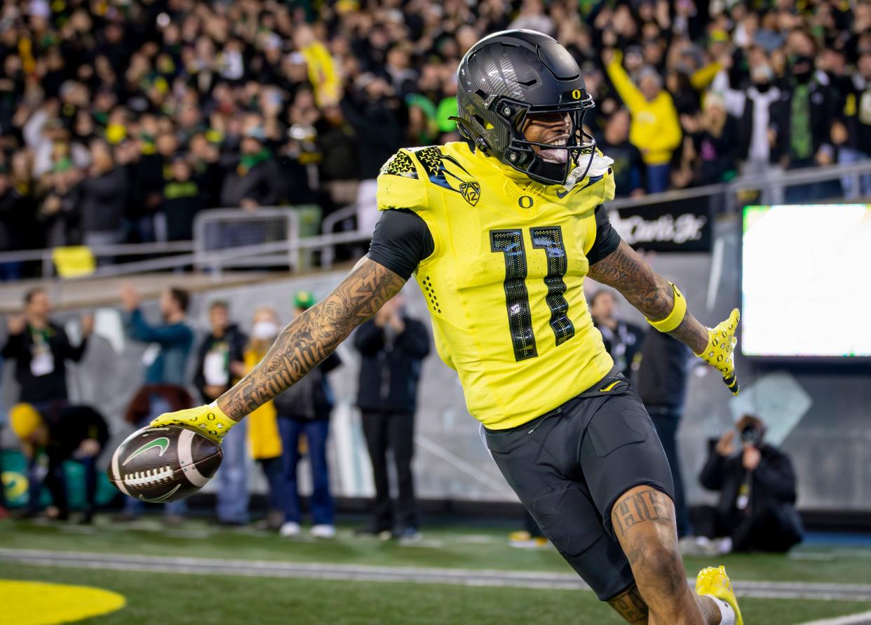 Oregon wide receiver Troy Franklin celebrates a touchdown as the No. 6 Oregon Ducks host the USC Trojans Saturday, Nov. 11, 2023, at Autzen Stadium in Eugene, Ore.