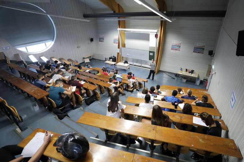 Students of the faculty of sport sciences attend a class in an auditorium at the Universite Cote d'Azur in Nice