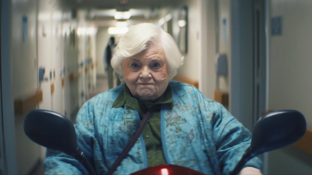  June Squibb in scooter chase sequence in Thelma. 