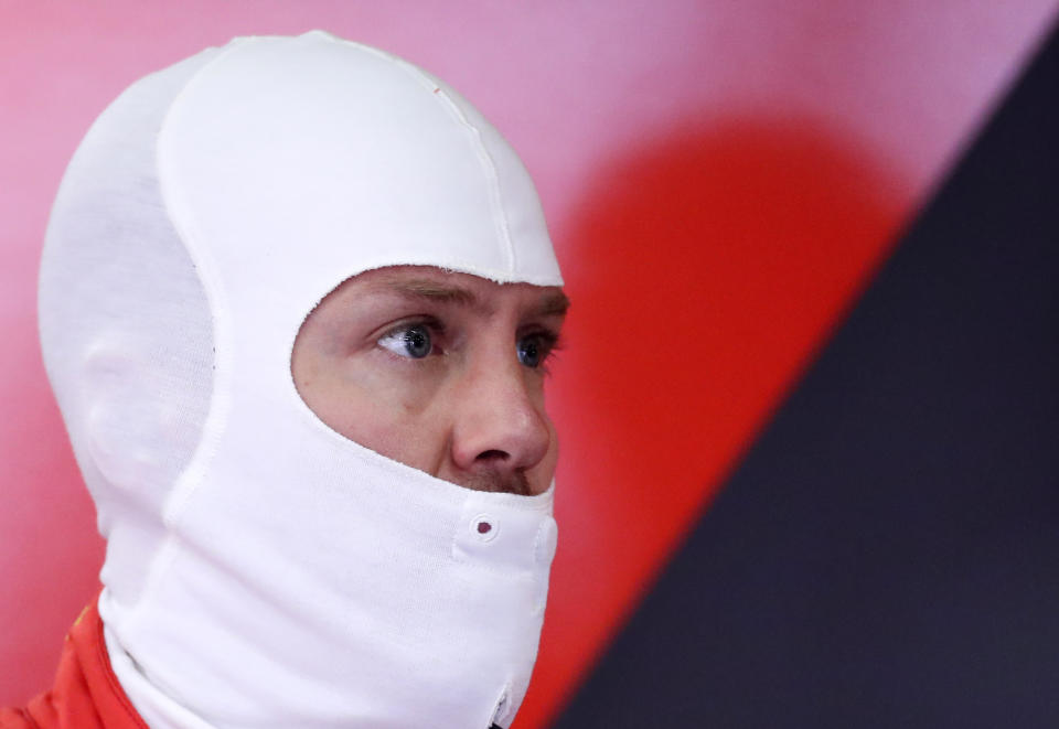 Ferrari driver Sebastian Vettel of Germany prepares during the third free practice at the Barcelona Catalunya racetrack in Montmelo, just outside Barcelona, Spain, Saturday, May 11, 2019. The Formula One race will take place on Sunday. (AP Photo/Manu Fernandez)