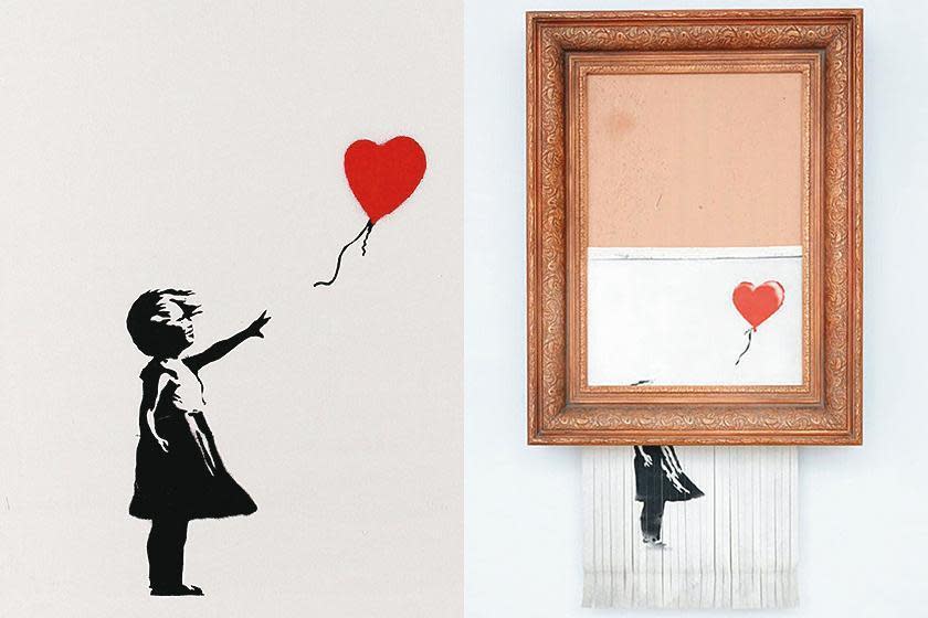 英國藝術家班克斯的畫作《手持氣球的女孩》，落槌即毀成《垃圾桶中的愛》。（翻攝Banksy IG）