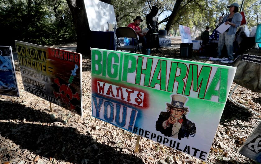 REDDING, CA - OCT. 24, 2020. Protesters hold an open mic event for people against coronavirus restrictions and vaccines, held at Turtle Bay Exploration Park in Redding on Saturday, Oct. 24, 2020. Redding is a conservative stronghold and home to the Bethel Church and its affiliated School of Supernatural Ministry. Members of the church and school have fueled a major coronavirus outbreak in Redding, with nearly 300 cases reported, Critics blame the church for Shasta County falling back to a more restrictive state tier. One church leader said masks don't work against spreading the virus. Bethel weilds infuence in the city, where members make up 10% of the population. (Luis Sinco / Los Angeles Times)