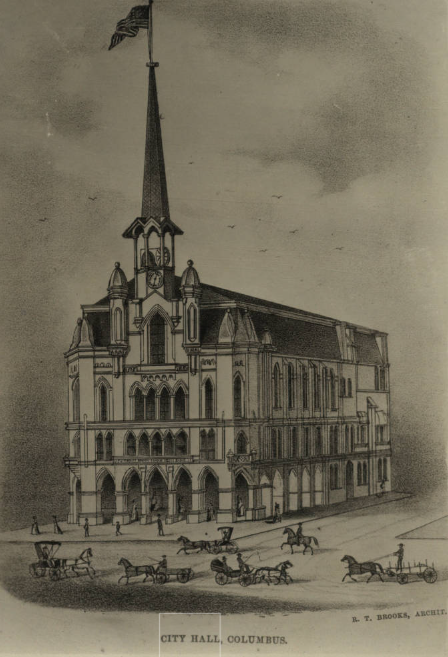An early published sketch of Columbus's first City Hall building, shown here, originally proposed an elaborate clock tower for the front of the building. But it was soon determined that the barrel roof of the building could not support the tower and it was never built.