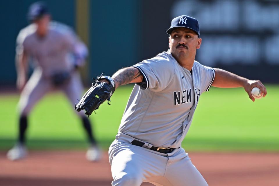 New York Yankees starting pitcher Nestor Cortes delivers in the first inning in the second baseball game of the team's doubleheader against the Cleveland Guardians, Saturday, July 2, 2022, in Cleveland. (AP Photo/David Dermer)