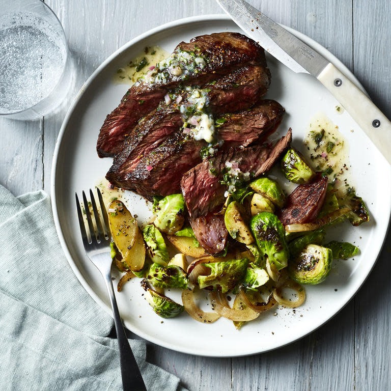 Pan-Seared Hanger Steak with Brussels Sprouts, Potatoes, and Lemon-Herb Butter