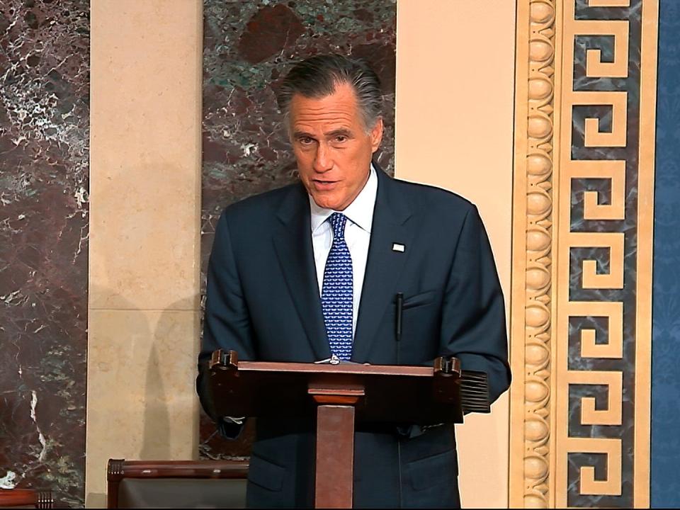 In this image from video, Sen. Mitt Romney, R-Utah, speaks on the Senate floor about the impeachment trial against President Donald Trump at the U.S. Capitol in Washington, Wednesday, Feb. 5, 2020. The Senate will vote on the Articles of Impeachment on Wednesday afternoon. (Senate Television via AP)