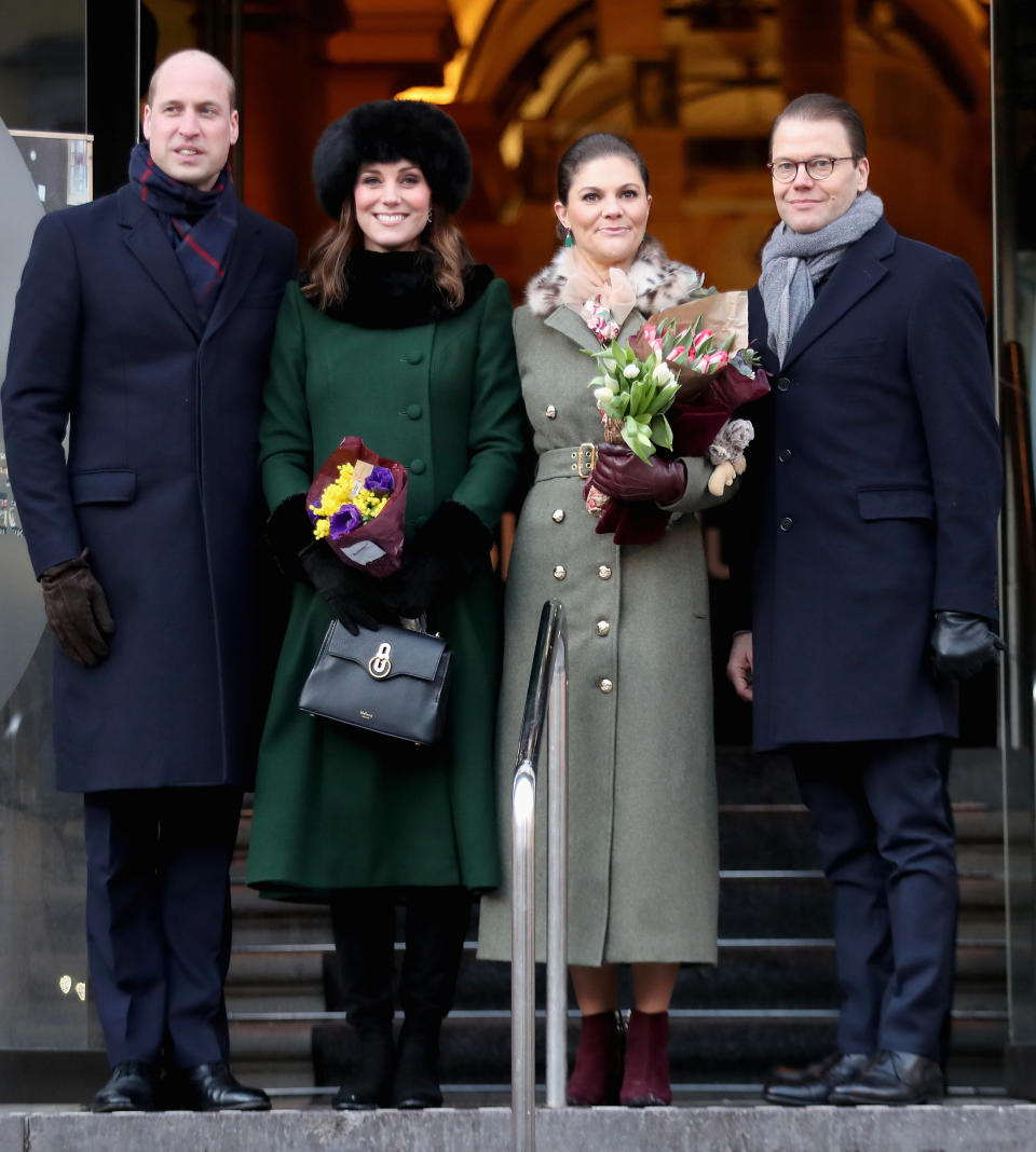 Britain’s Prince William, Catherine, Duchess of Cambridge and Sweden’s Prince Daniel and Crown Princess Victoria walk from the Royal Palace to the Nobel Museum in Stockholm January 30, 2018. REUTERS/Chris Jackson/Pool