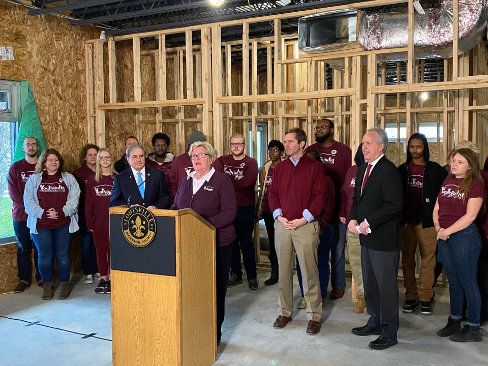 Lynn Rippy, president and CEO for YouthBuild Louisville, was joined Dec. 30, 2019, by U.S. Rep. John Yarmuth, Gov. Andy Beshear and Mayor Greg Fischer to announce a new $1.5 million federal grant.