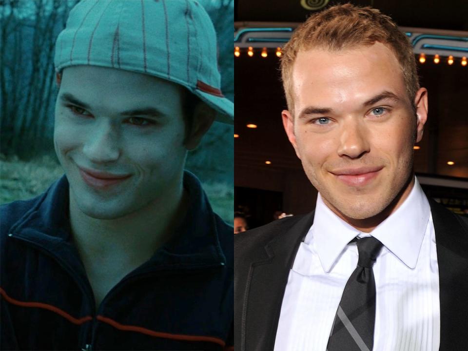 Left: Kellan Lutz as Emmett Cullen in "Twilight." Right: Lutz at the LA premiere of a"Twilight" in November 2008.