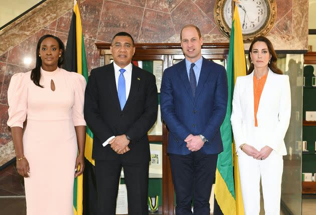Prince William and Kate Middleton meet with Jamaican Prime Minister Andrew Holness and Juliet Holness at the Vale Royal, the official residence in Kingston, Jamaica, on March 23. (Photo: RICARDO MAKYN via Getty Images)