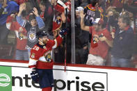 Florida Panthers right wing Claude Giroux (28) celebrates after scoring a goal during the third period of Game 5 of the first round of the NHL Stanley Cup hockey playoffs against the Washington Capitals, Wednesday, May 11, 2022, in Sunrise, Fla. The Panthers won 5-3. (AP Photo/Lynne Sladky)