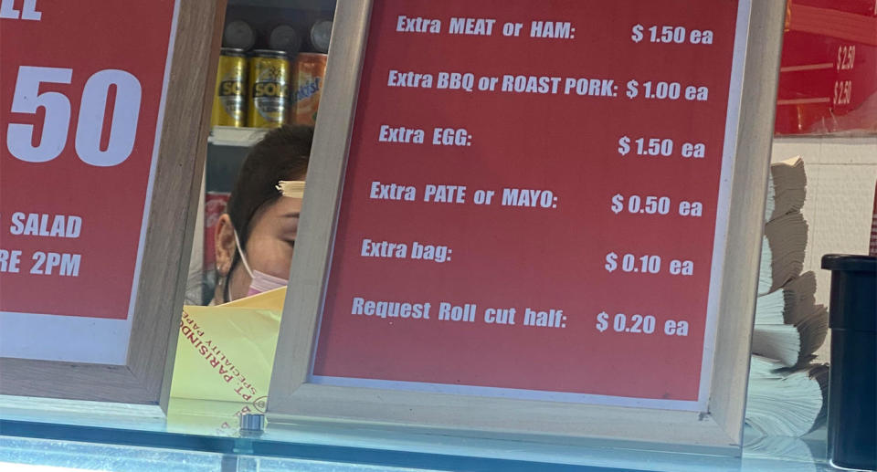  Vietnamese Sydney Pork Roll shop  list of extra charges 