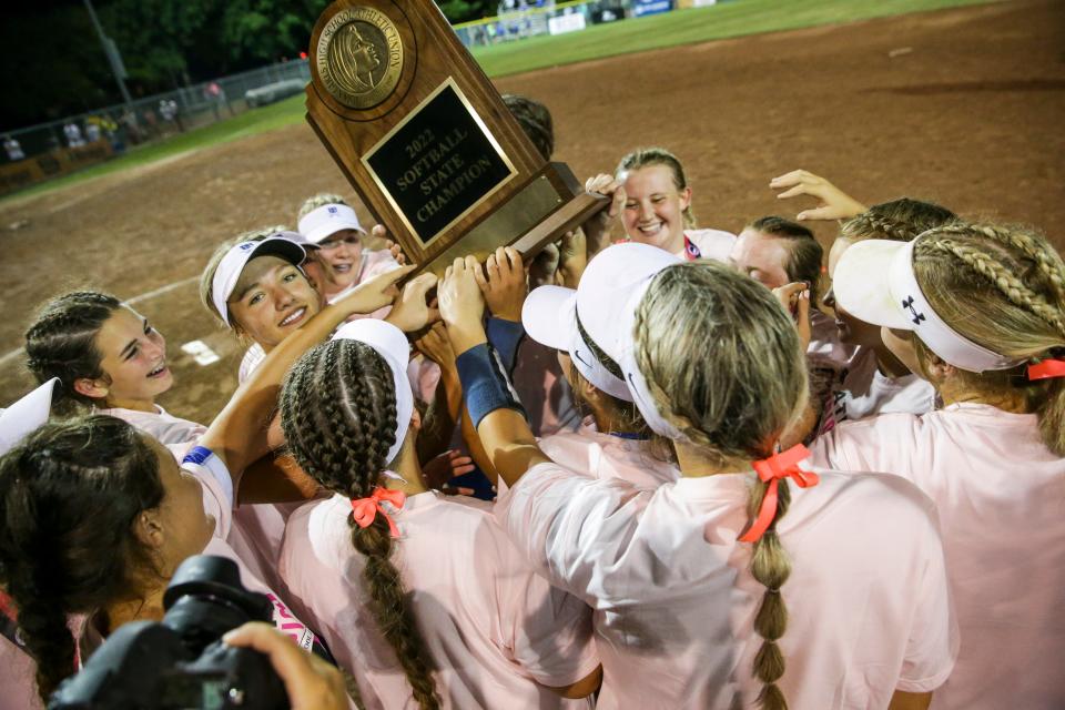 Twin Cedars players celebrate beating Southeast Warren during the Class 1A softball state championship at the Harlan Rogers Sports Complex Friday, July 22, 2022 in Fort Dodge. 