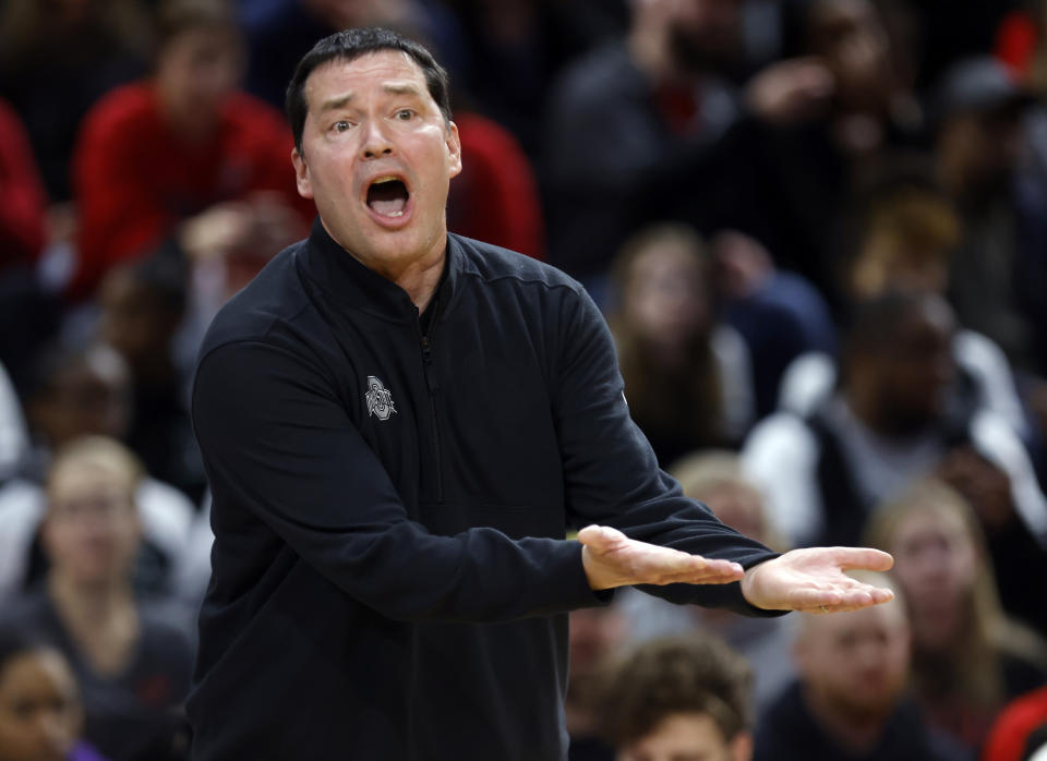 Ohio State coach Kevin McGuff reacts to a call during the first half of an NCAA college basketball game against Michigan in Columbus, Ohio, Saturday, Dec. 31, 2022. Ohio State won 66-57. (AP Photo/Paul Vernon)