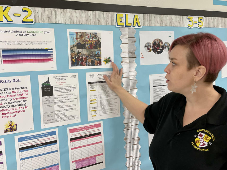 Stonewall Tell Elementary literacy coach Amy Long showed how literacy goals for K-2 are now clearly displayed in a staff room. (Linda Jacobson/The 74)