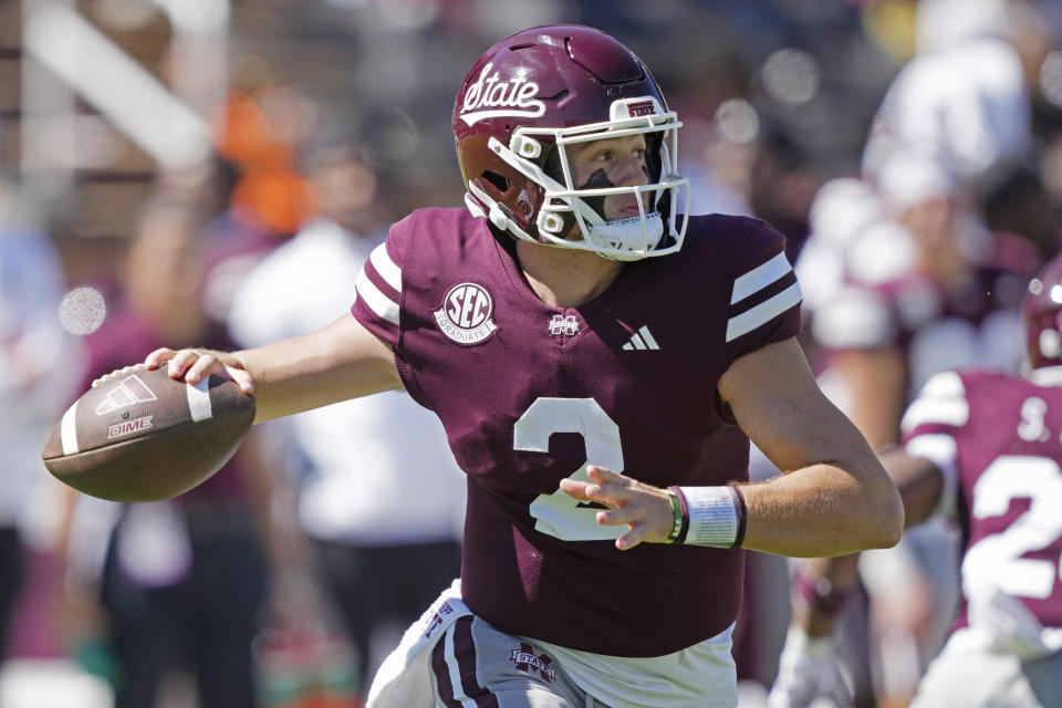 Mississippi State quarterback Will Rogers (2) readies to pass against Western Michigan during second half of an NCAA college football game, Saturday, Oct. 7, 2023, in Starkville, Miss. (AP Photo/Rogelio V. Solis)