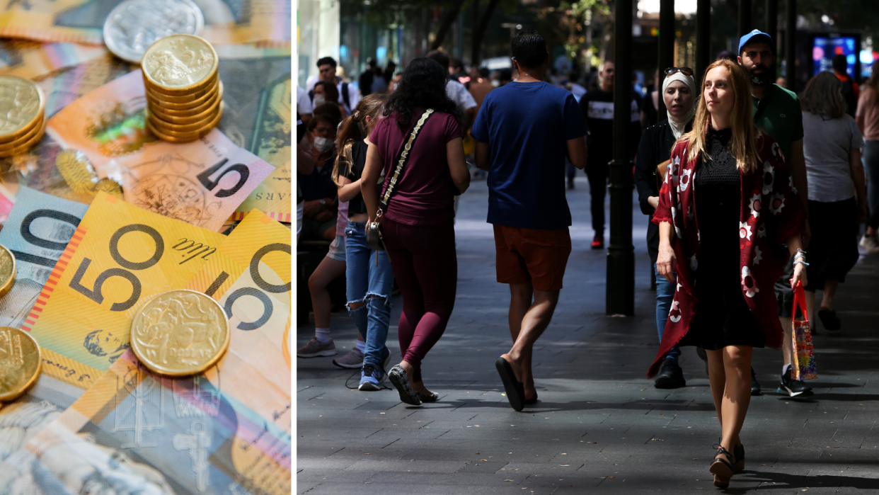 Australian money. People walking on the street. Financial goals concept.