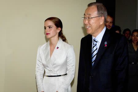 Actress Emma Watson (L) and United Nations Secretary General Ban Ki-moon arrive for a photo opportunity promoting the HeForShe campaign in New York September 20, 2014. REUTERS/Carlo Allegri