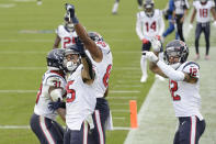 Houston Texans wide receiver Will Fuller (15) celebrates with teammates after catching a touchdown pass against the Tennessee Titans in the second half of an NFL football game Sunday, Oct. 18, 2020, in Nashville, Tenn. (AP Photo/Mark Zaleski)