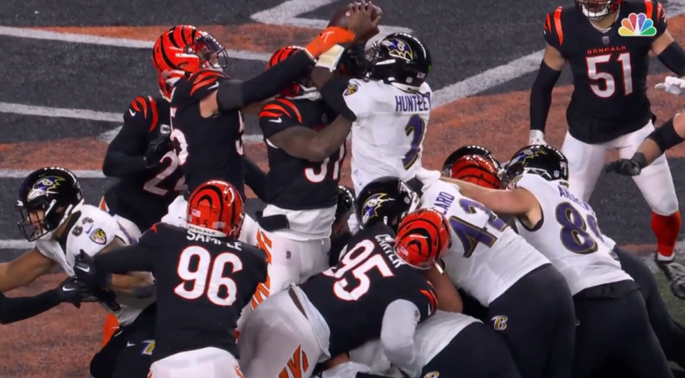 Tyler Huntley went to quarterback sneak the ball in for a touchdown from the two yard line. However, before he could cross the goal line, the Cincinnati Bengals defense would force a fumble and return the ball 98 yards for a Bengals touchdown.