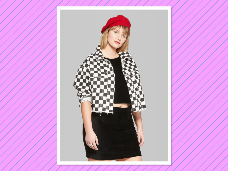 <p>Wild Fable Women’s Plus Size Checkerboard Cropped Denim Jacket, $33,<a rel="nofollow noopener" href="https://www.target.com/p/women-s-plus-size-checkerboard-print-cropped-denim-jacket-wild-fable-153-black/-/A-53494243?preselect=53468501#lnk=sametab" target="_blank" data-ylk="slk:target.com;elm:context_link;itc:0;sec:content-canvas" class="link "> target.com</a><br>(Photo: Courtesy of Target) </p>