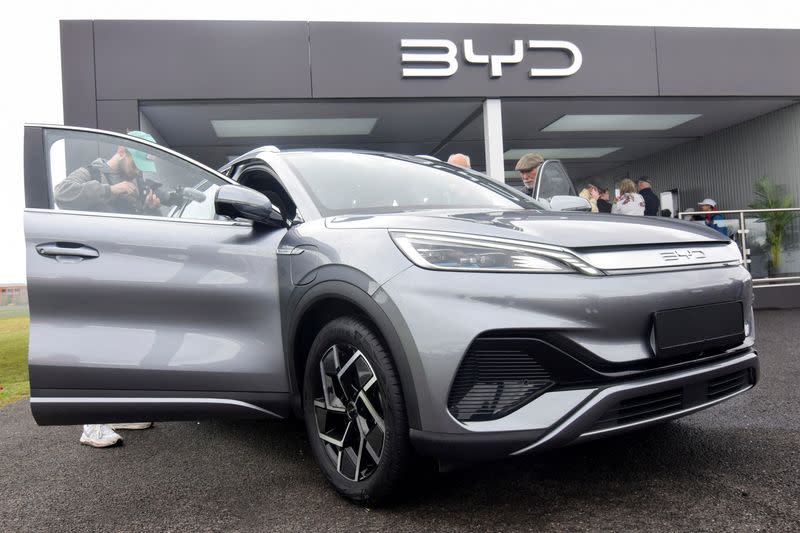 Members of the press and the general public check out the Atto 3 electric SUV in Farnborough