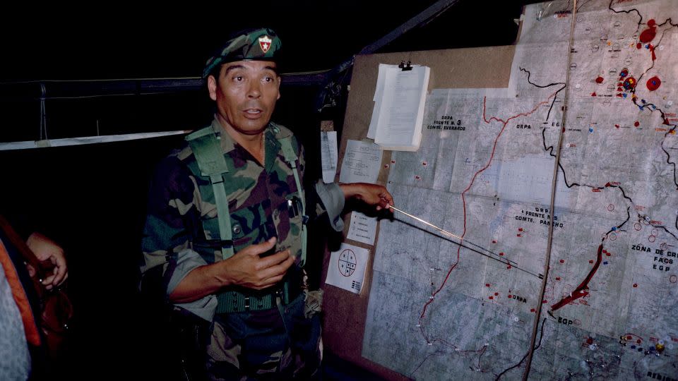 During the country's ongoing civil war, Guatemalan Army General Benedicto Lucas Garcia points to a map at a military garrison, Santa Cruz de Quiche, Guatemala, January 19, 1982. - Robert Nickelsberg/Archive Photos/Getty Images
