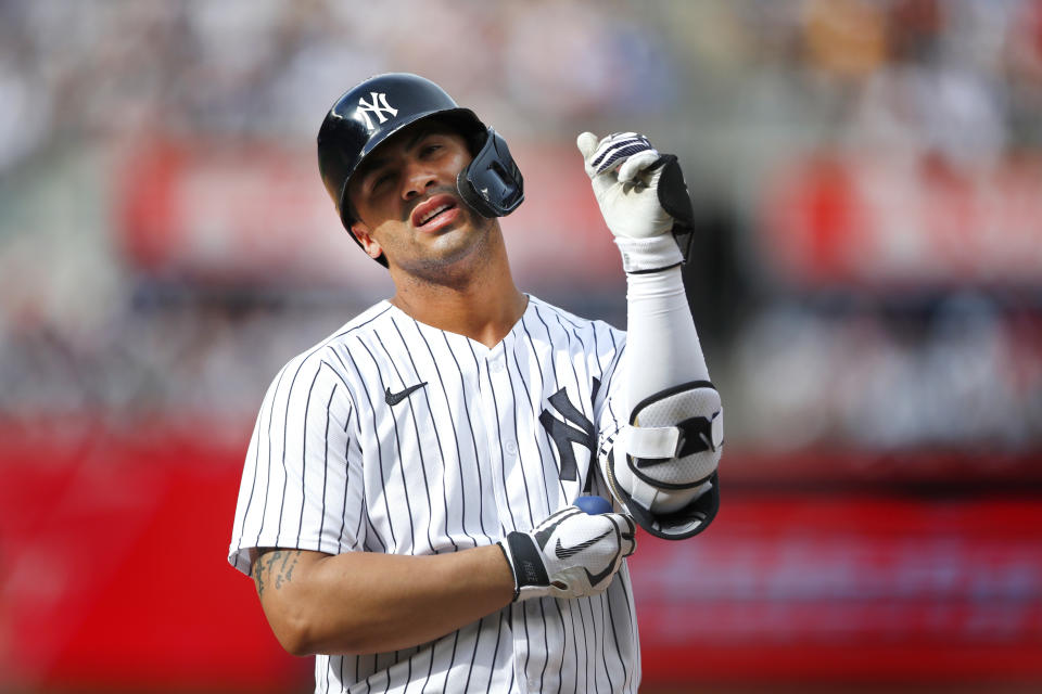 New York Yankees' Gleyber Torres reacts after grounding out against the Texas Rangers during the fifth inning of a baseball game, Saturday, June 24, 2023, in New York. (AP Photo/Noah K. Murray)