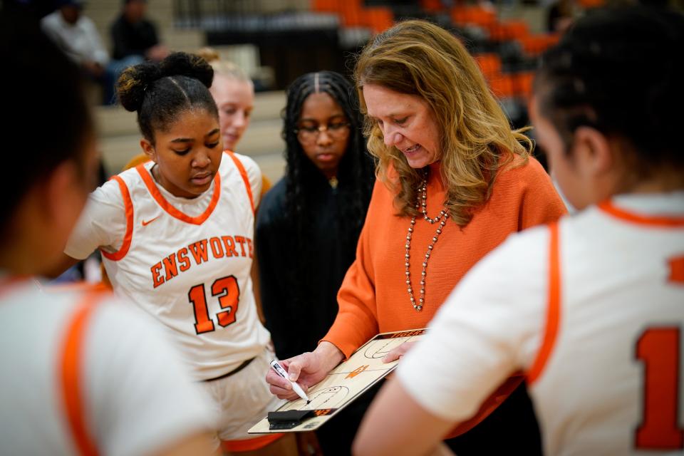 Ensworth head coach Mary Taylor Cowles works with her team during the third quarter against Brentwood Academy at Ensworth High School in Nashville, Tenn., Thursday, Jan. 25, 2024.