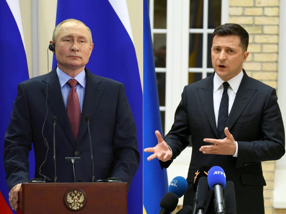 This combination of file pictures created on January 11, 2022 shows Russian President Vladimir Putin land Ukrainian President Volodymyr Zelensky.