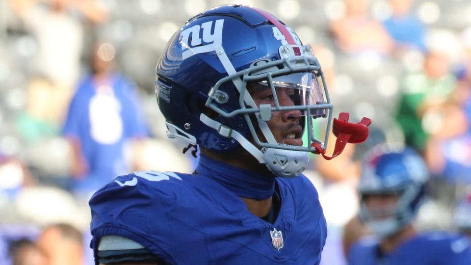 New Giants linebacker Isaiah Simmons during warm ups. The NY Jets against the NY Giants on August 26, 2023 at MetLife Stadium in East Rutherford, NJ, as the rivals play their final preseason game before the start of the NFL season